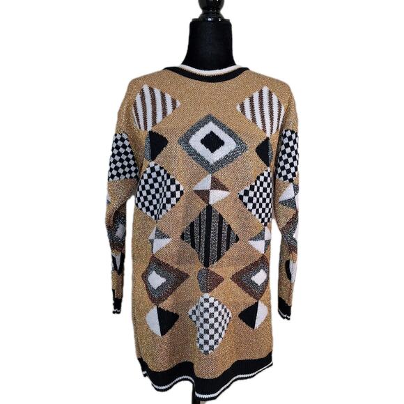 Vintage 80s/90s Gold Metallic Lurex Oversized Geometric Sweater Women Size Small - Picture 1 of 7